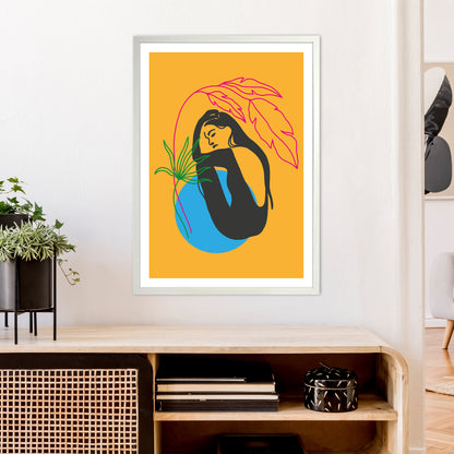 Girl Under Plant Yellow Neon Funk  Art Print by Pixy Paper A1 Oak Frame