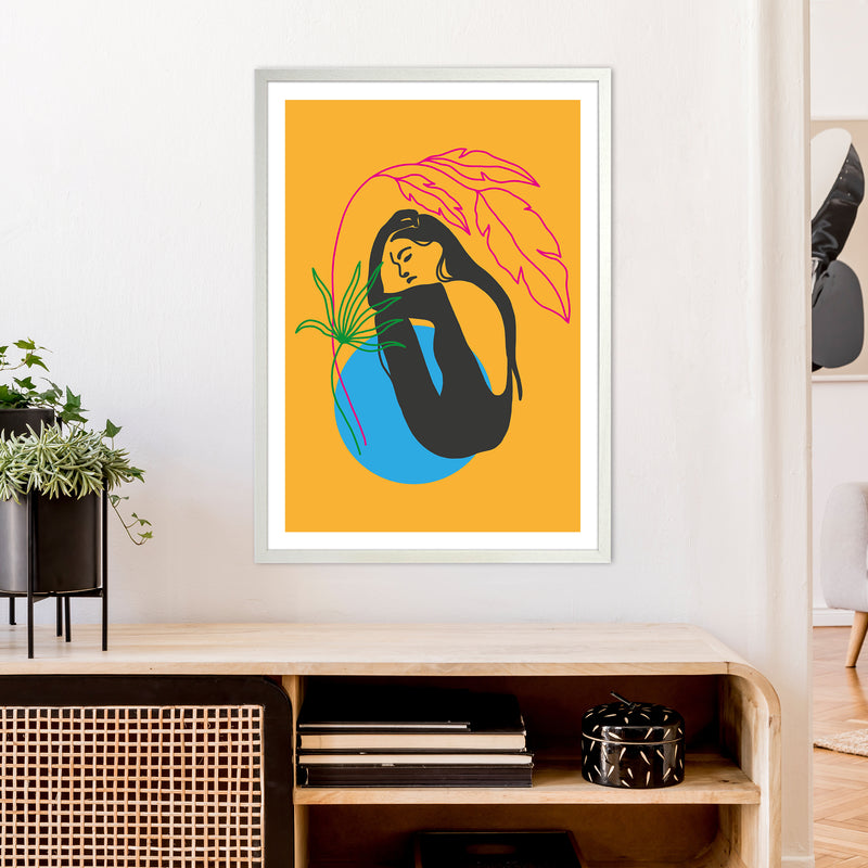Girl Under Plant Yellow Neon Funk  Art Print by Pixy Paper A1 Oak Frame