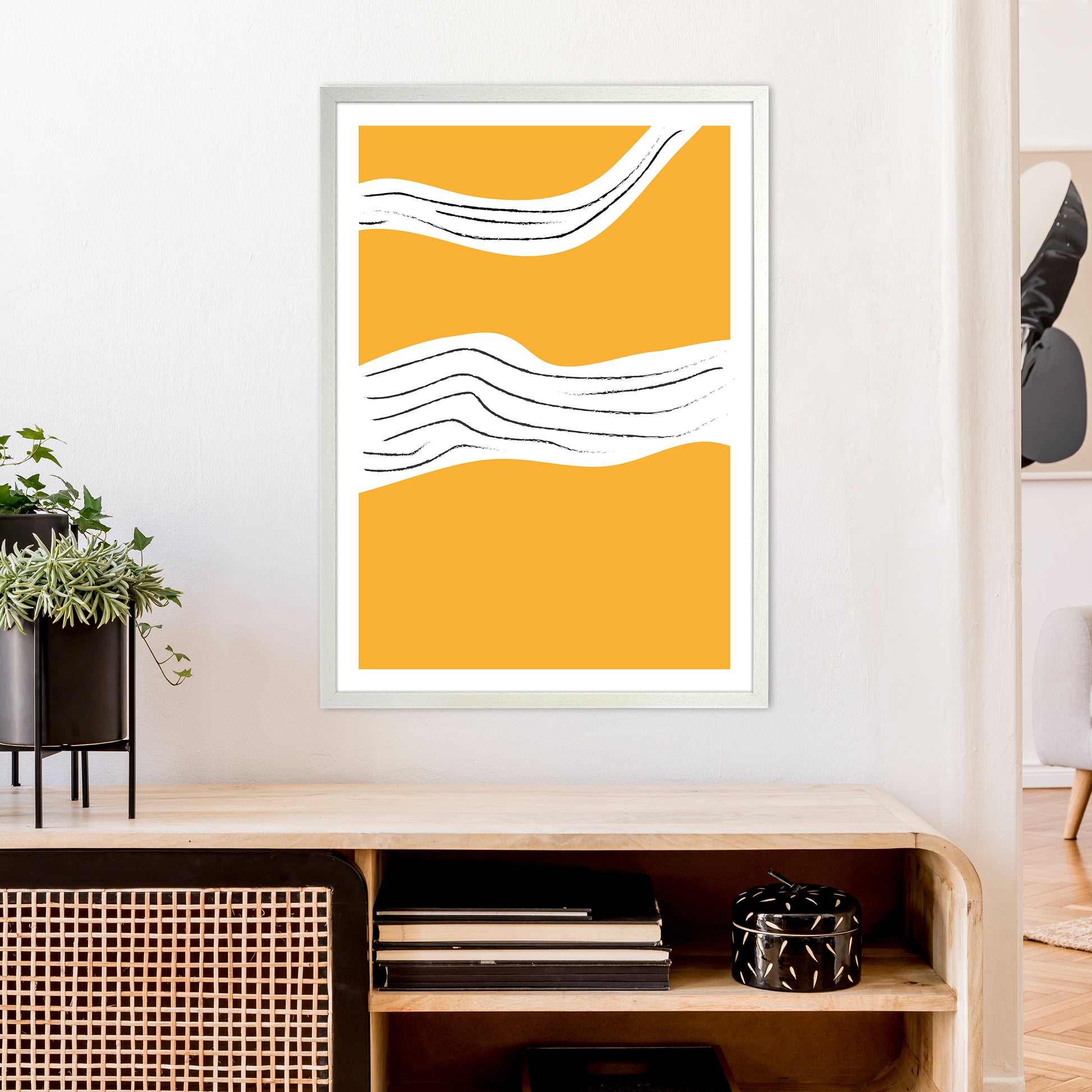 Yellow Lines Neon Funk  Art Print by Pixy Paper A1 Oak Frame