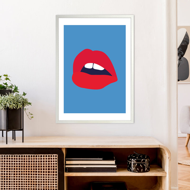 Red Lips Blue Back  Art Print by Pixy Paper A1 Oak Frame