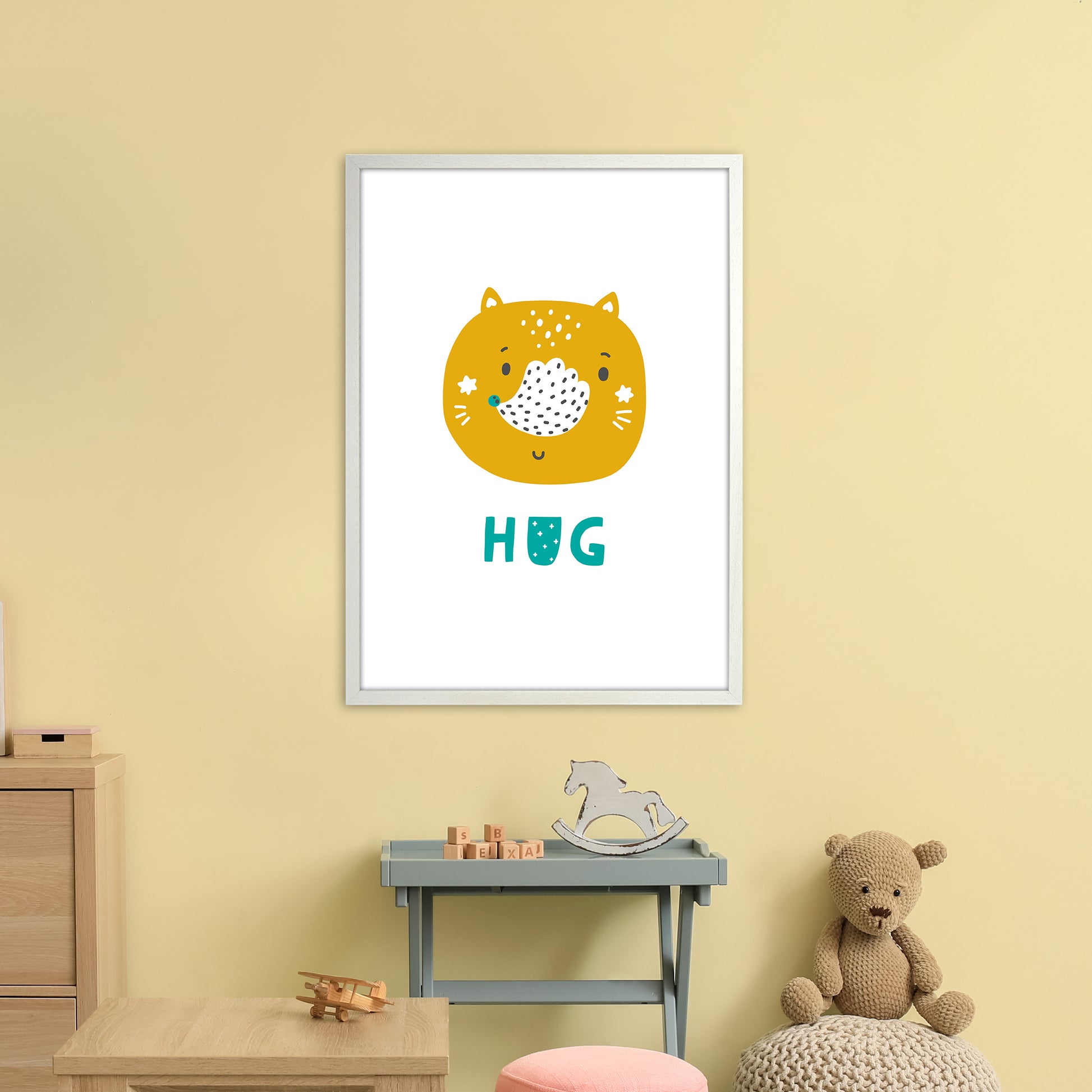 Fox Hug Teal Super Scandi  Art Print by Pixy Paper A1 Oak Frame