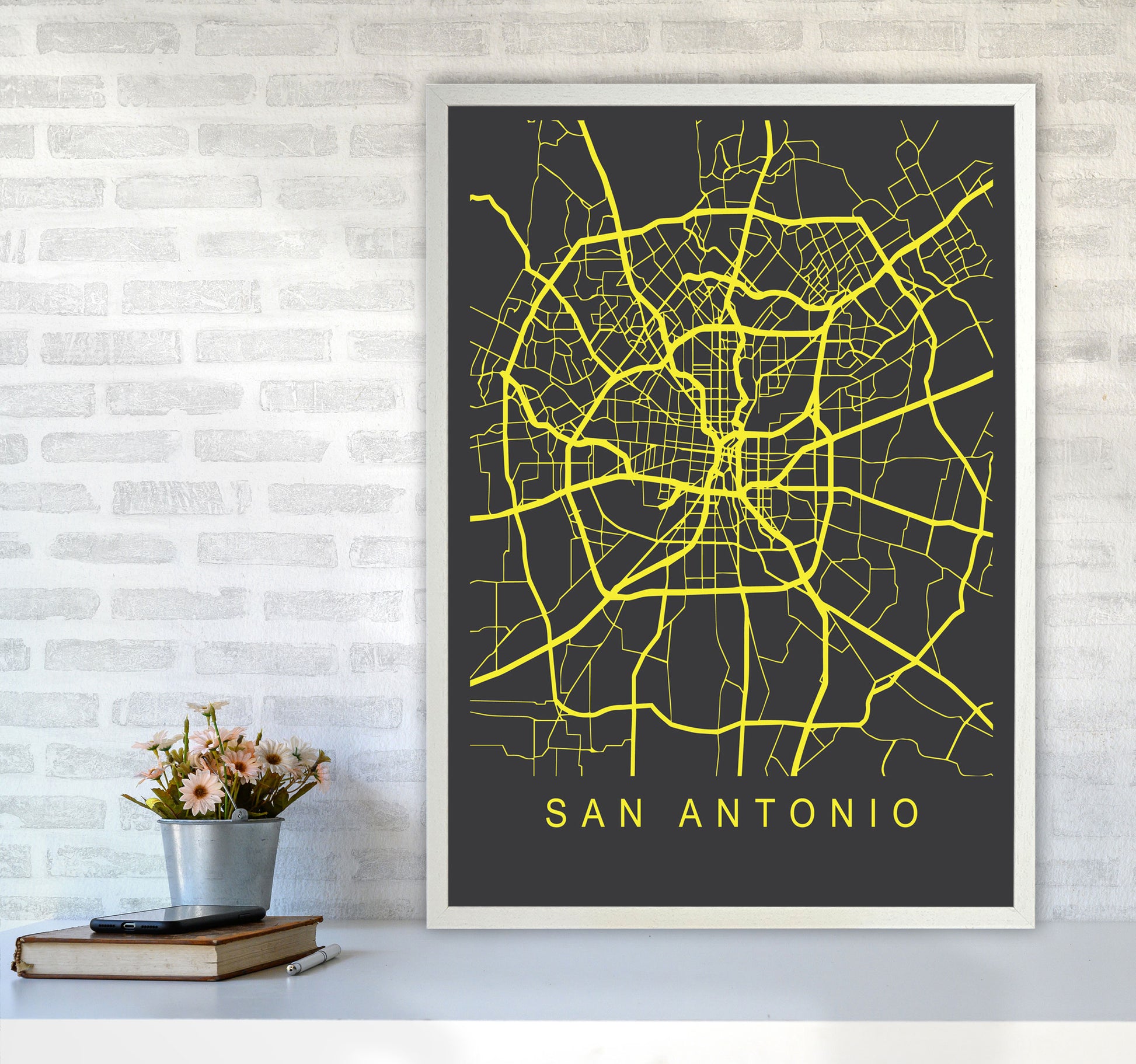 San Antonio Map Neon Art Print by Pixy Paper A1 Oak Frame