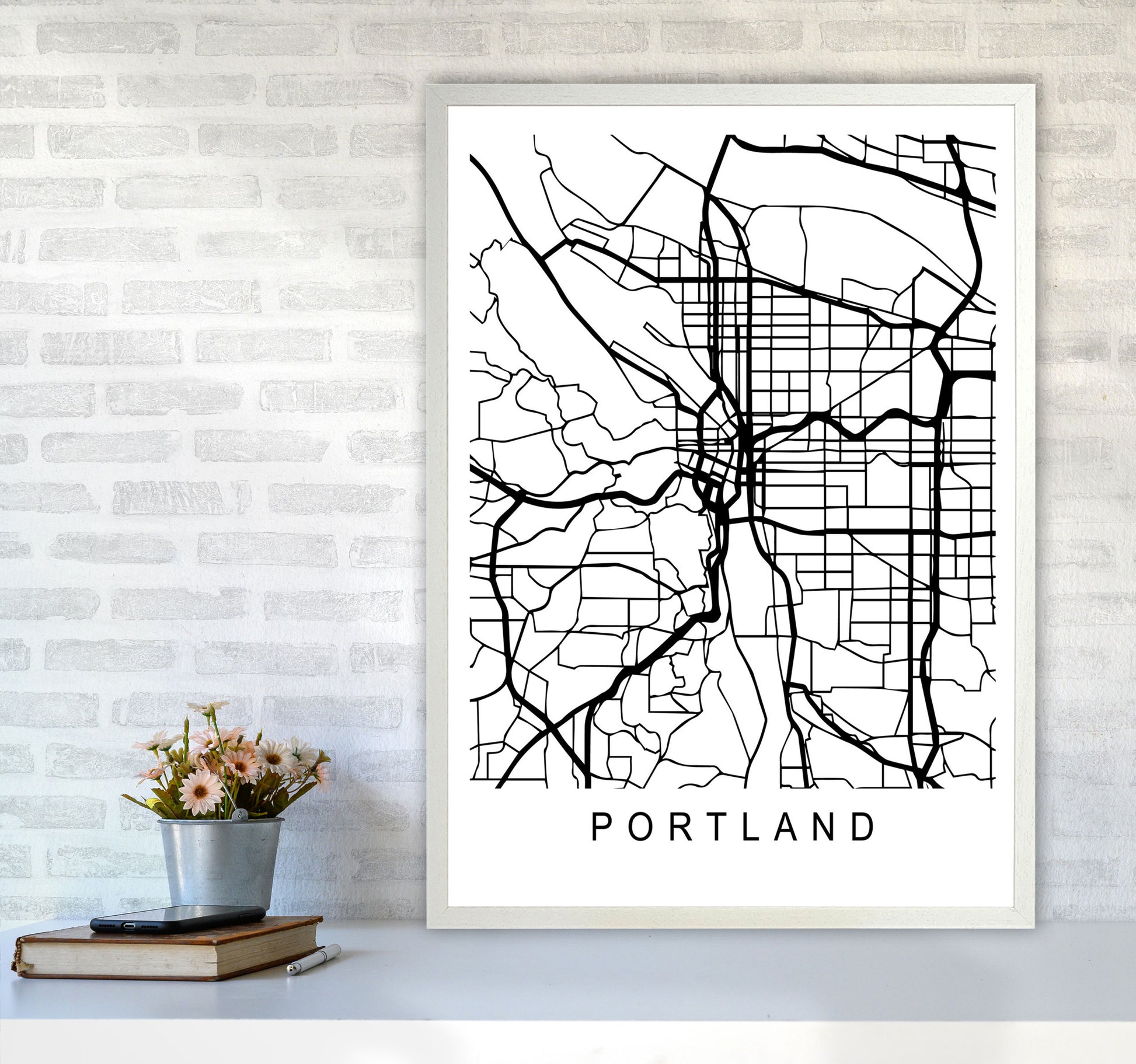 Portland Map Art Print by Pixy Paper A1 Oak Frame