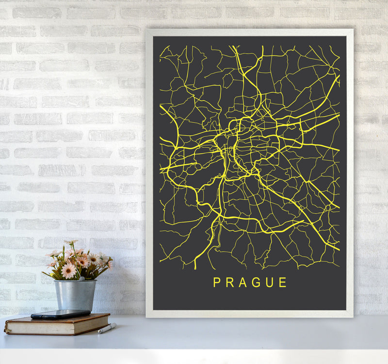 Prague Map Neon Art Print by Pixy Paper A1 Oak Frame