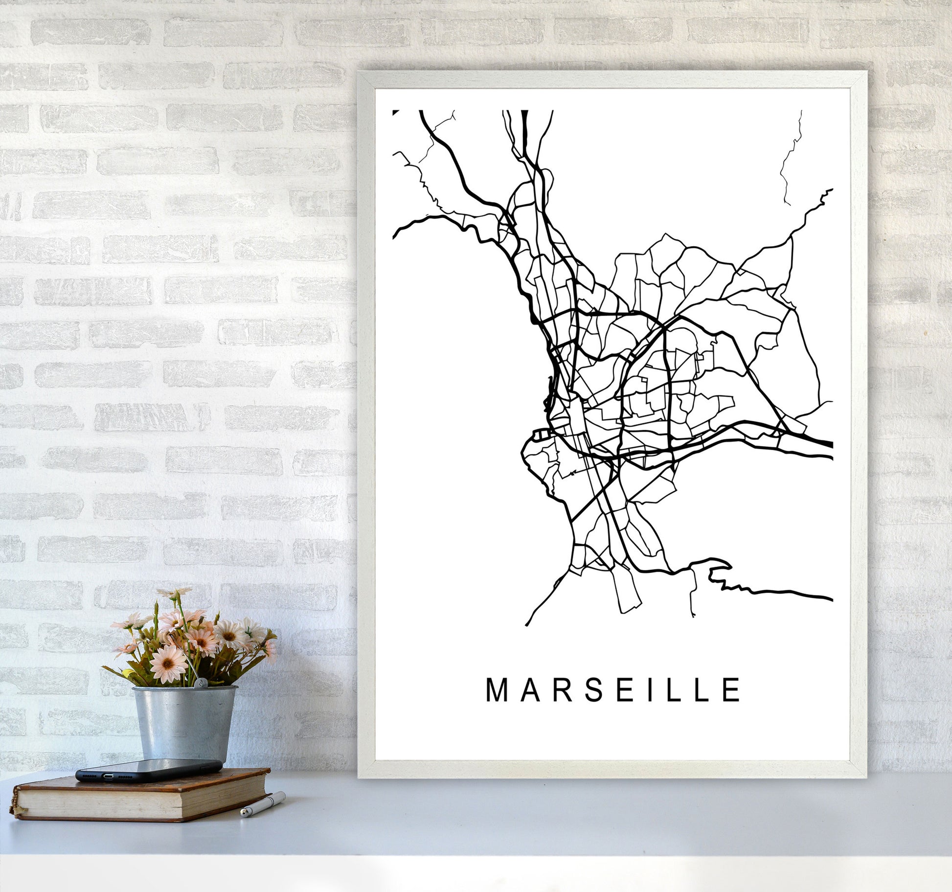 Marseille Map Art Print by Pixy Paper A1 Oak Frame
