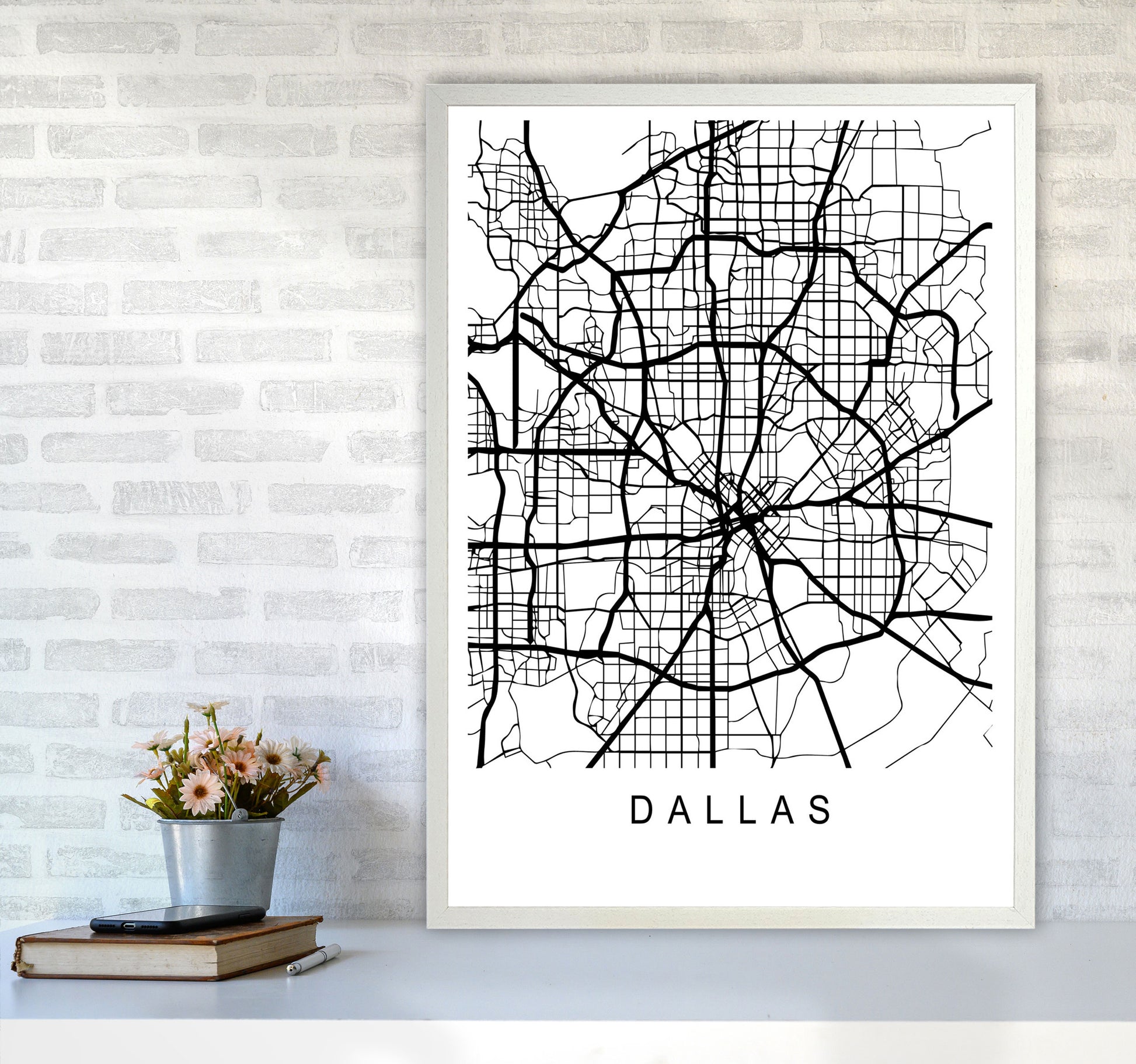 Dallas Map Art Print by Pixy Paper A1 Oak Frame