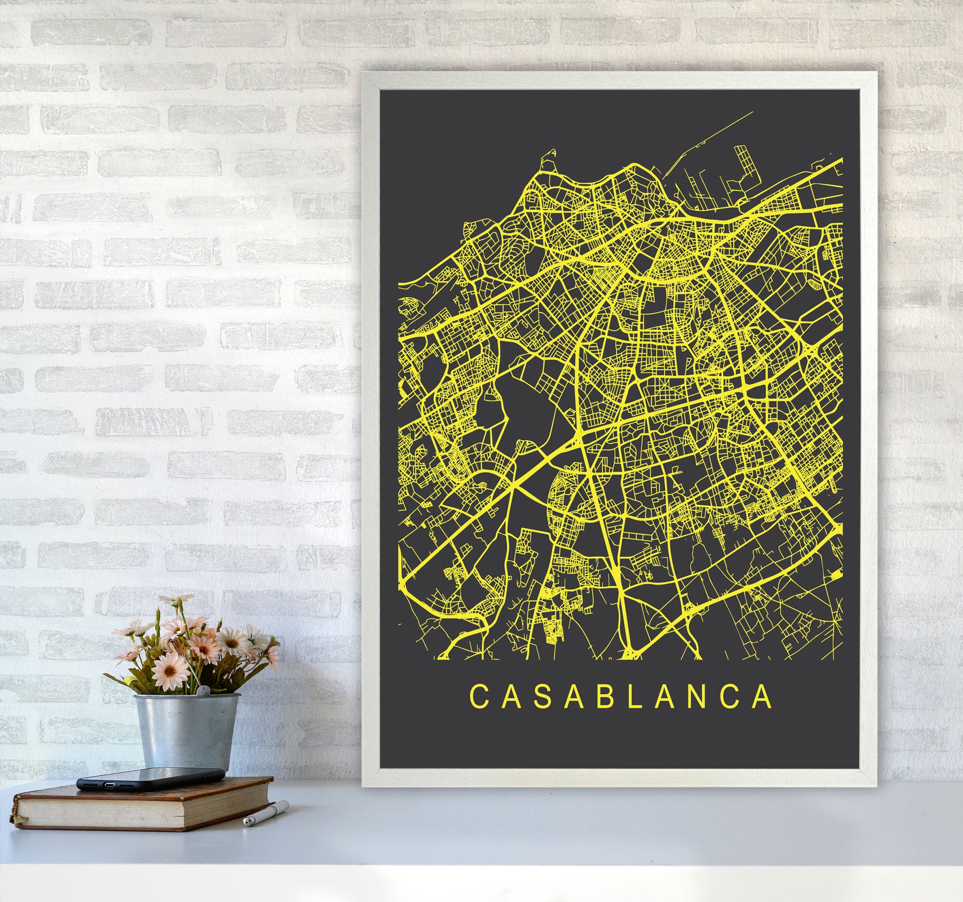 Casablanca Map Neon Art Print by Pixy Paper A1 Oak Frame