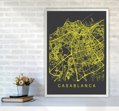 Casablanca Map Neon Art Print by Pixy Paper A1 Oak Frame