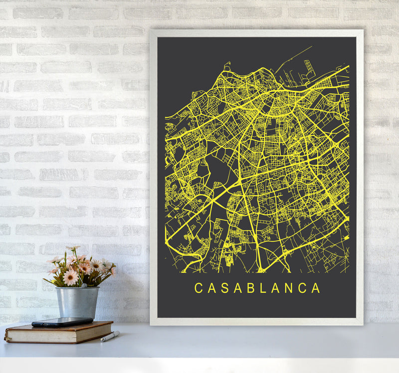 Casablanca Map Neon Art Print by Pixy Paper A1 Oak Frame