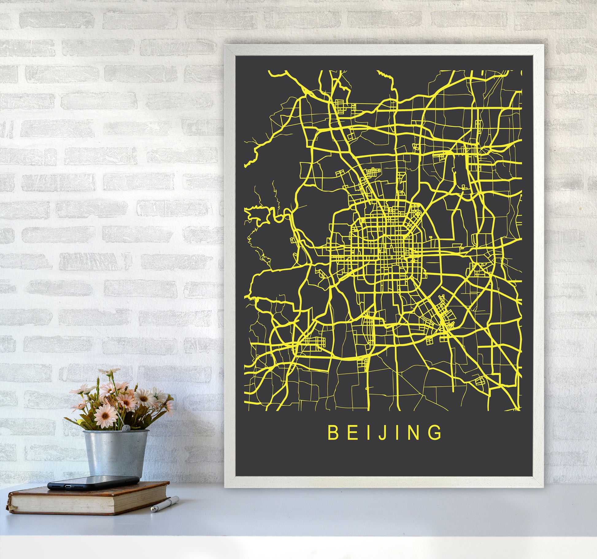 Beijing Map Neon Art Print by Pixy Paper A1 Oak Frame