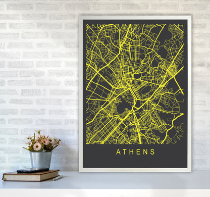 Athens Map Neon Art Print by Pixy Paper A1 Oak Frame