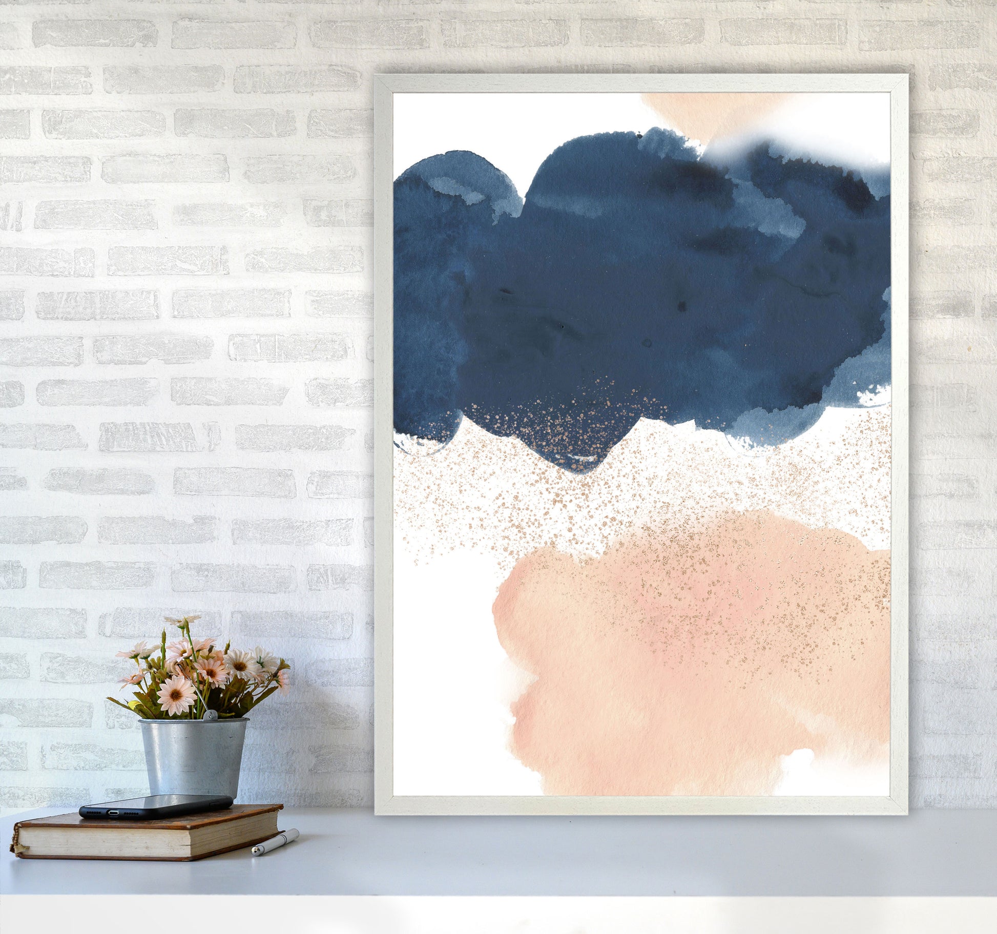 Aztec Blush and Navy Watercolour 03 Art Print by Pixy Paper A1 Oak Frame