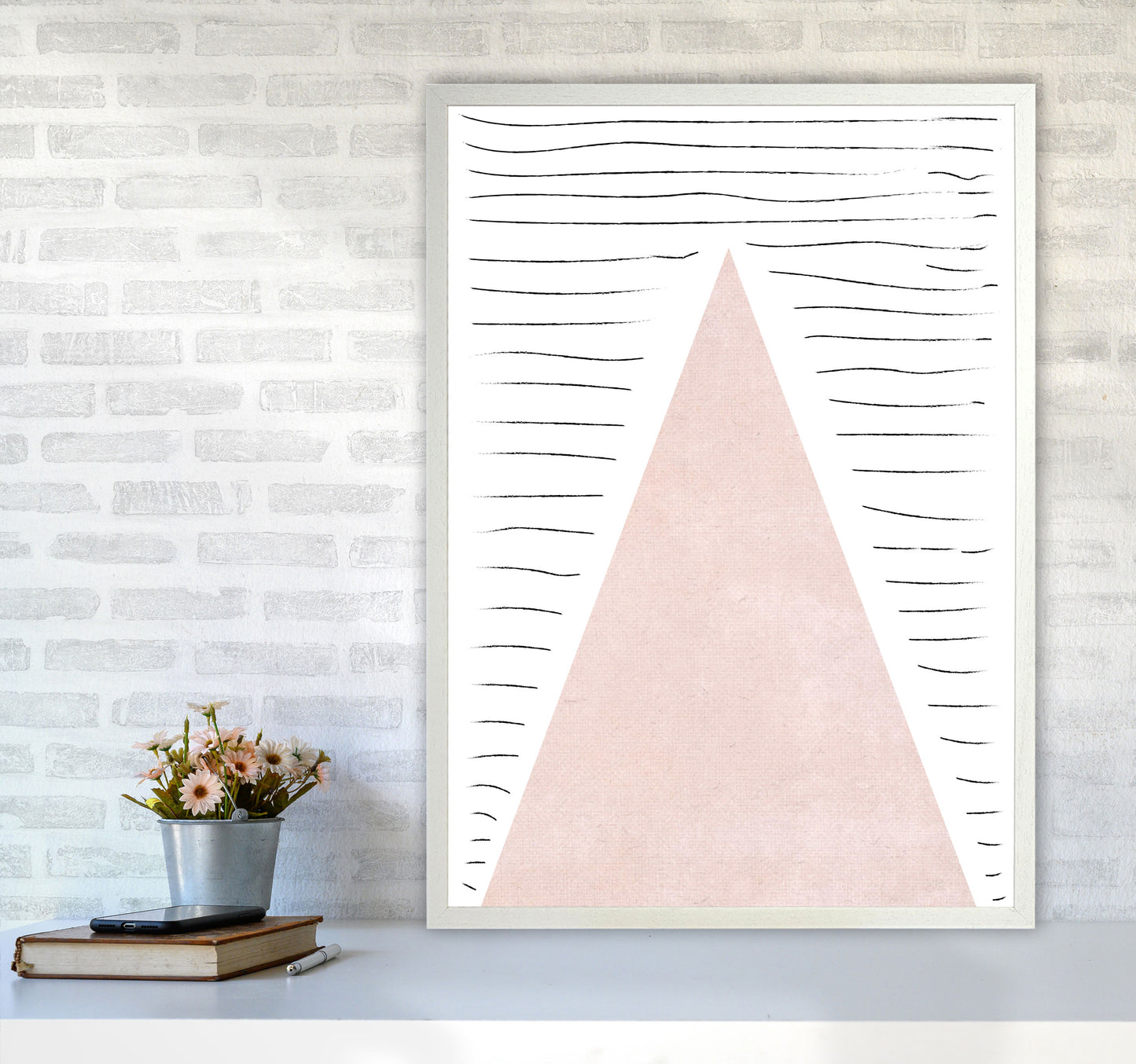 Mountains lines pink cotton Art Print by Pixy Paper A1 Oak Frame