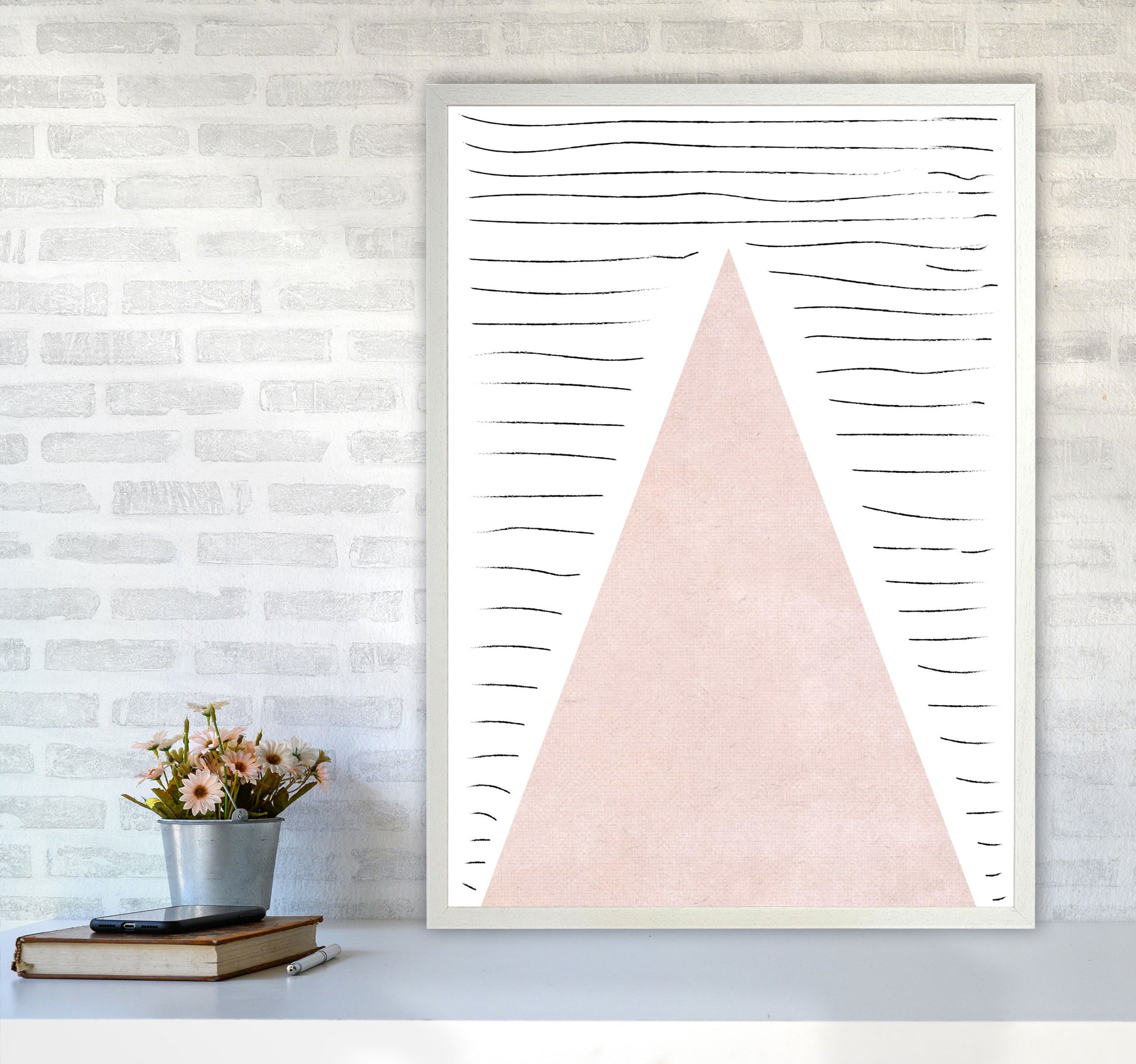 Mountains lines pink cotton Art Print by Pixy Paper A1 Oak Frame