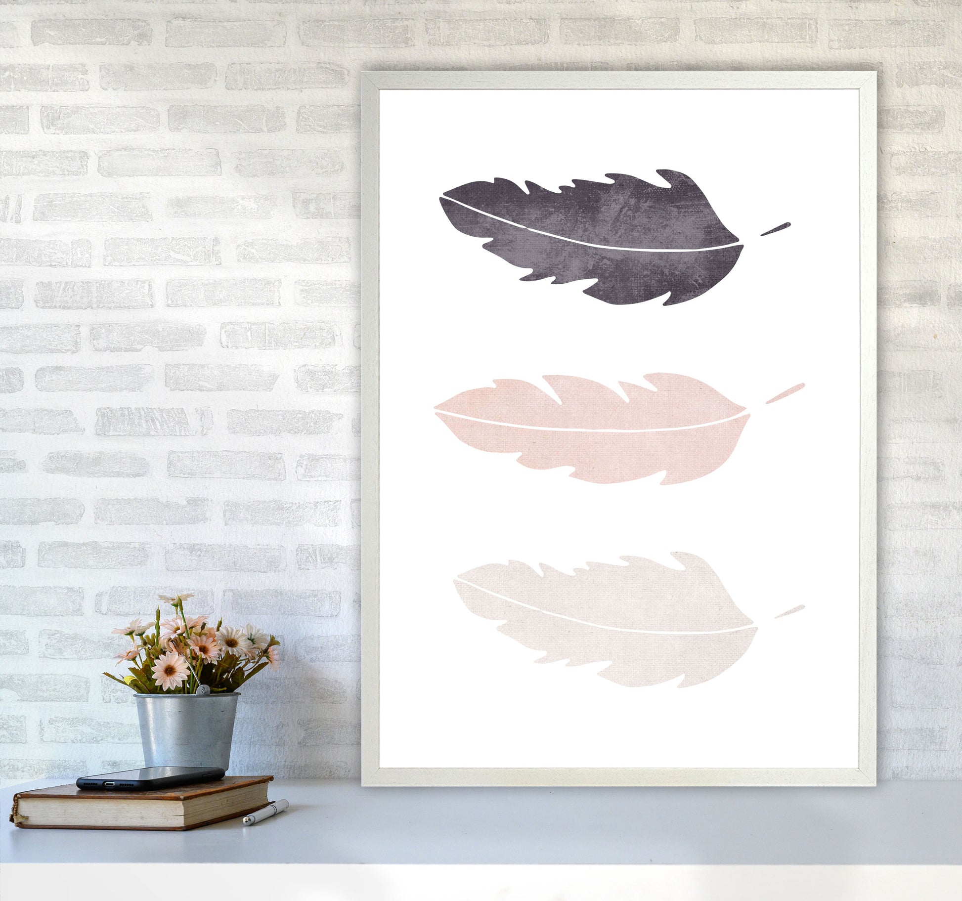 Feathers pink cotton Art Print by Pixy Paper A1 Oak Frame