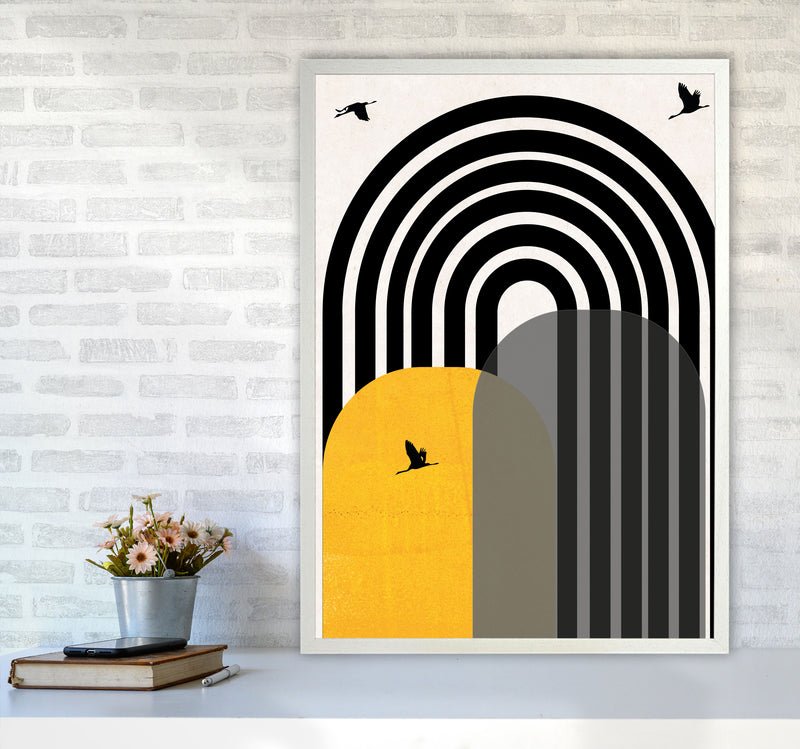 Giant rainbow with birds mustard Art Print by Pixy Paper A1 Oak Frame