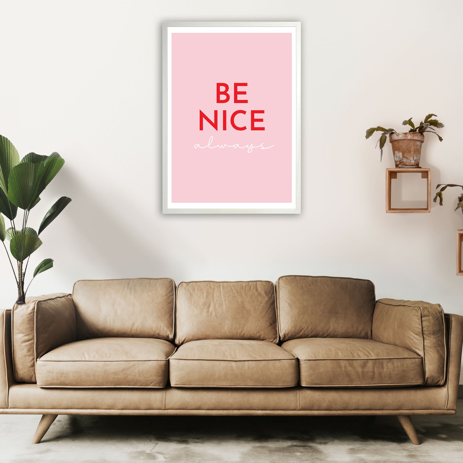 Be Nice Pink Art Print by Pixy Paper A1 Oak Frame