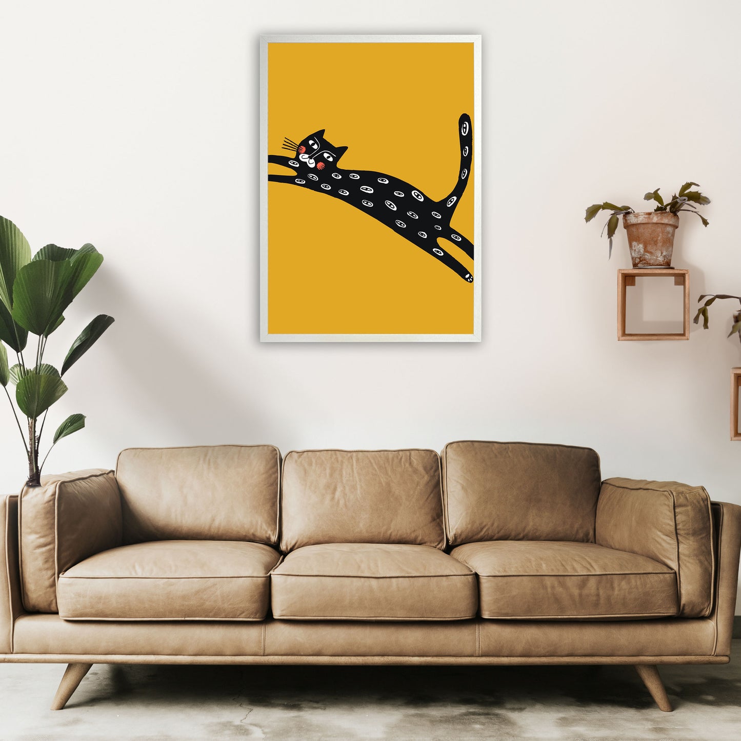 Mustard Cat Art Print by Pixy Paper A1 Oak Frame