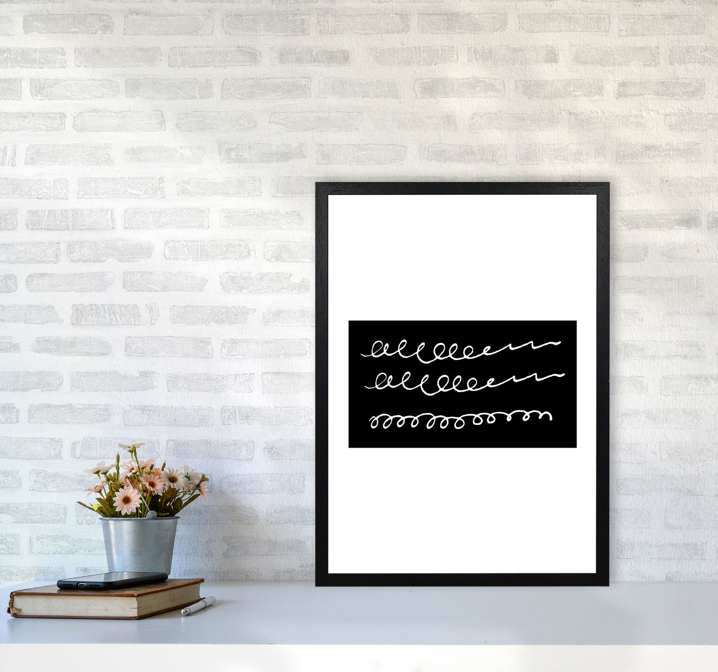 Black Rectangle Swirls Abstract Modern Print A2 White Frame