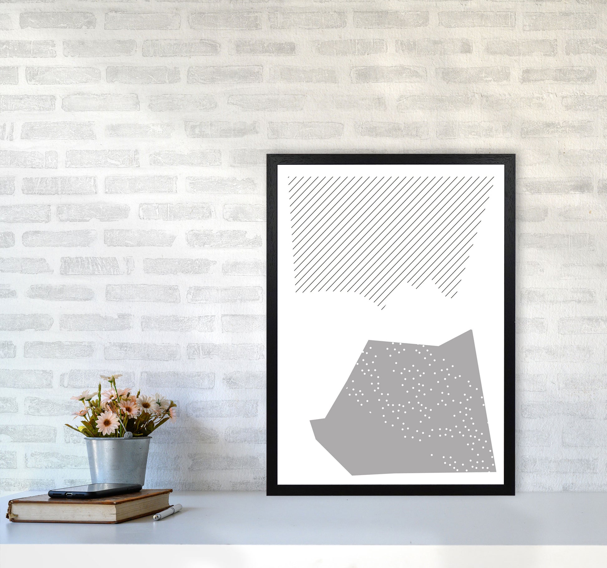 Grey Top And Bottom Abstract Modern Print A2 White Frame