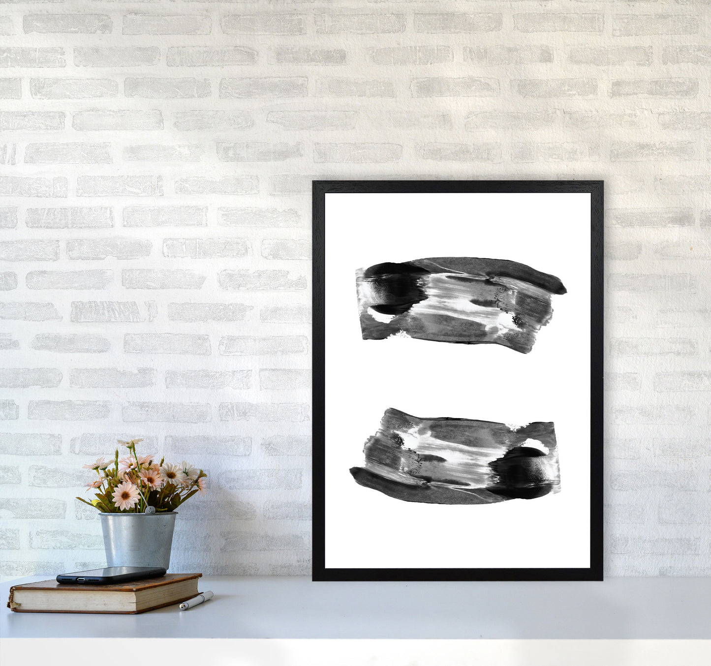 Black Abstract Paint Strokes Modern Print A2 White Frame