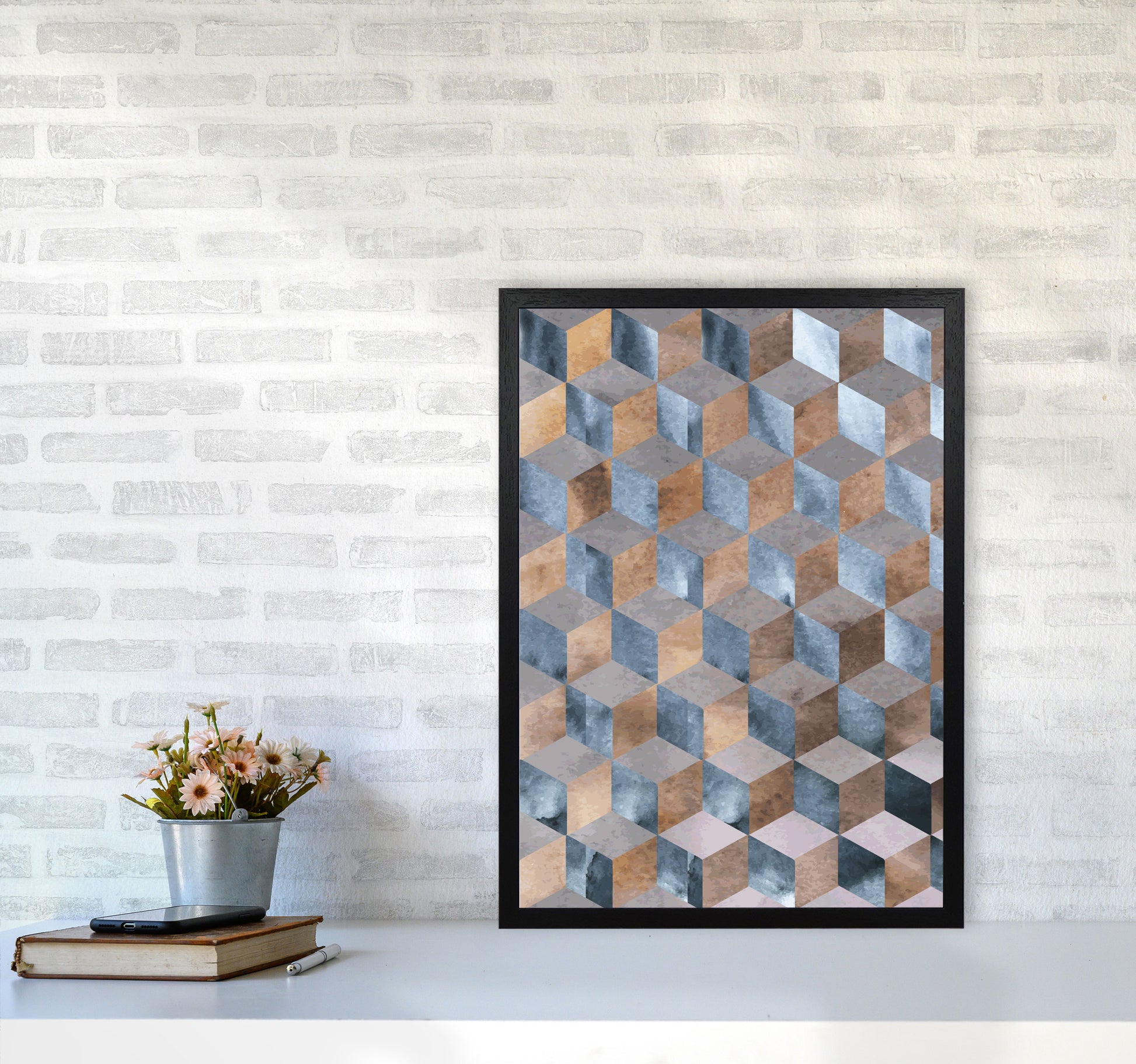 Blue, Grey And Brown Abstract Watercolour Box Modern Print A2 White Frame