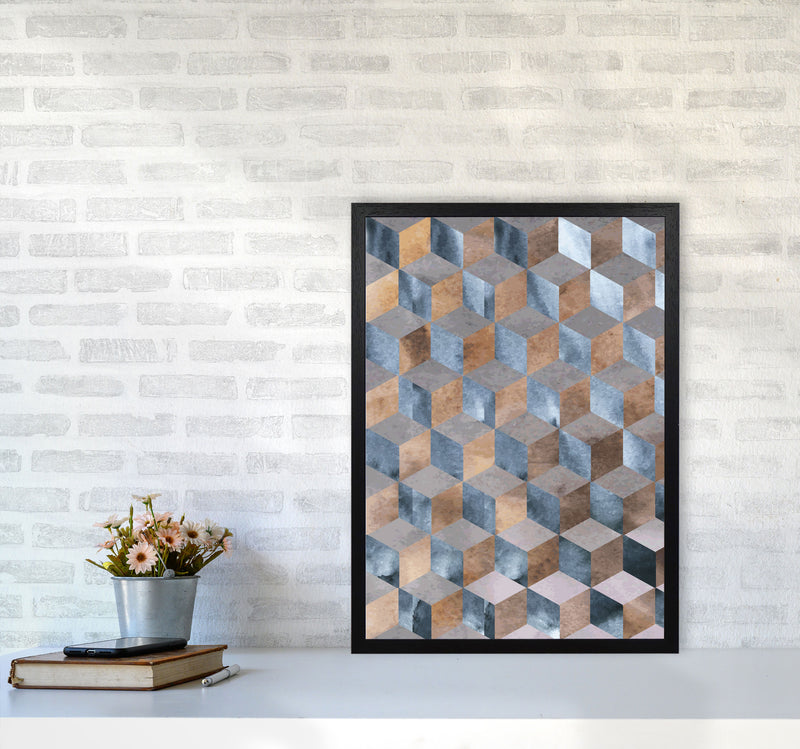Blue, Grey And Brown Abstract Watercolour Box Modern Print A2 White Frame