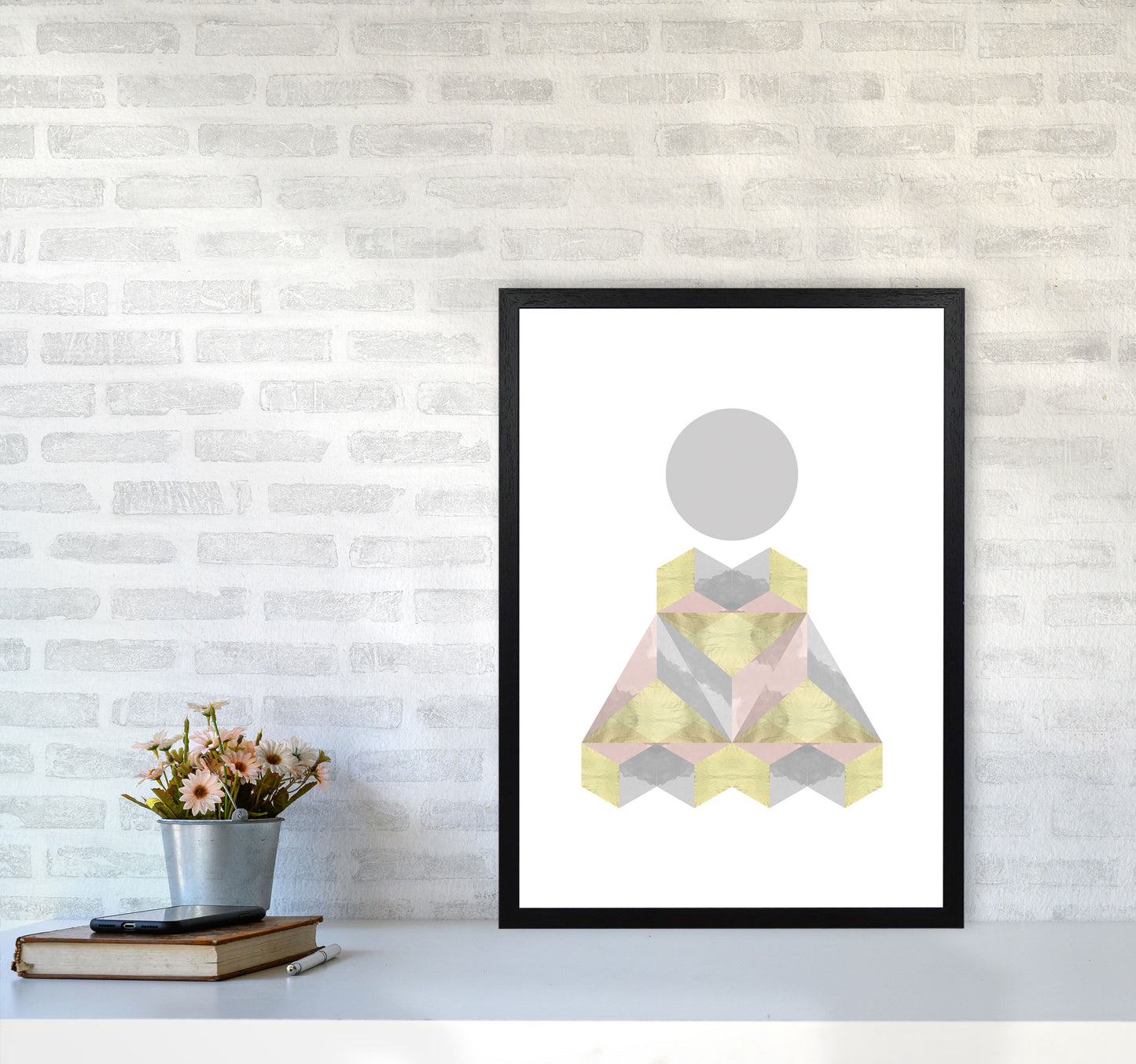 Gold, Pink And Grey Abstract Shapes Modern Print A2 White Frame