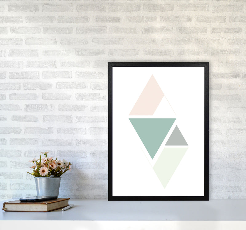 Peach, Green And Grey Abstract Triangles Modern Print A2 White Frame