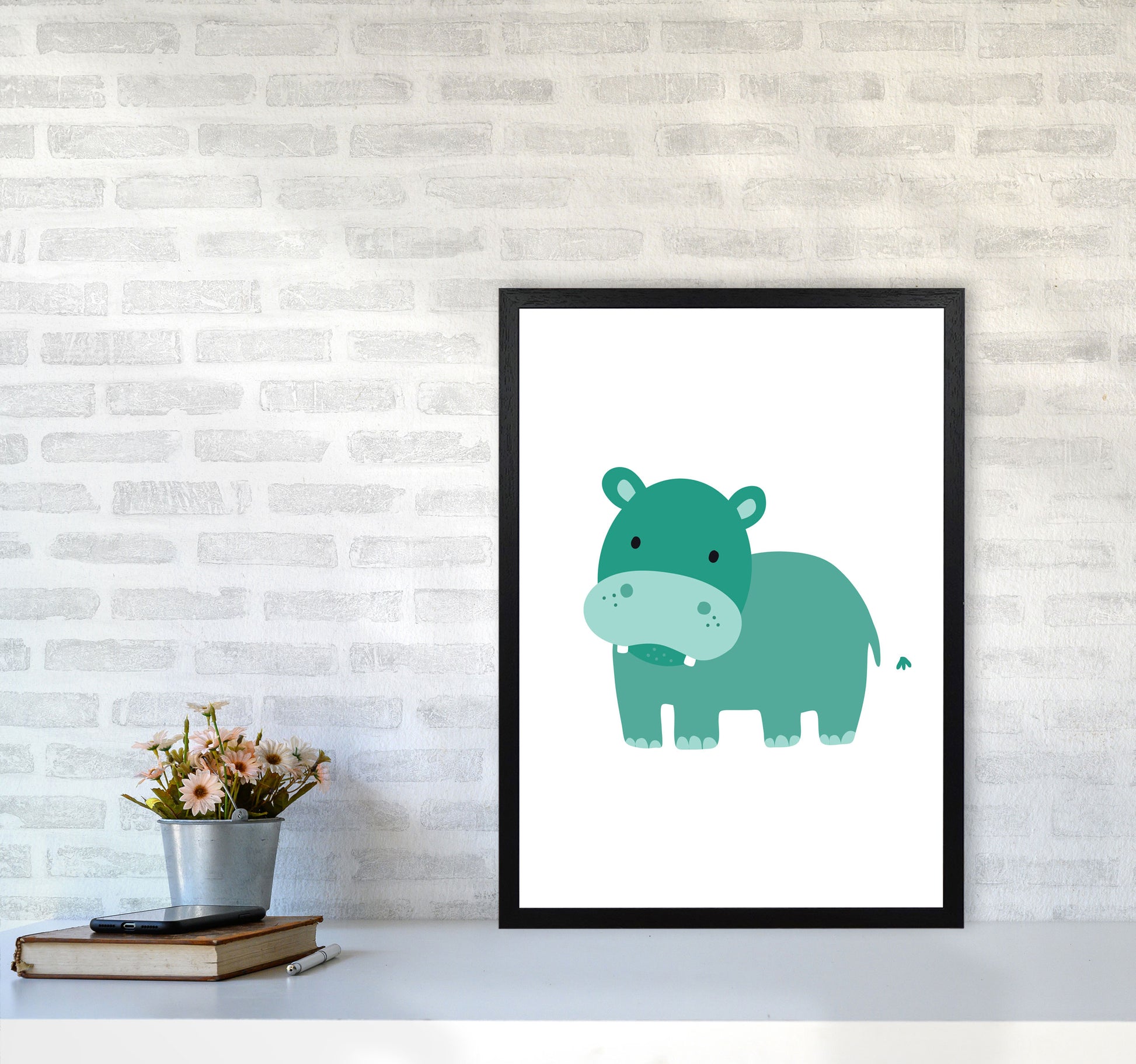 Children&#39;s Animals, Hippo Modern Print A2 White Frame