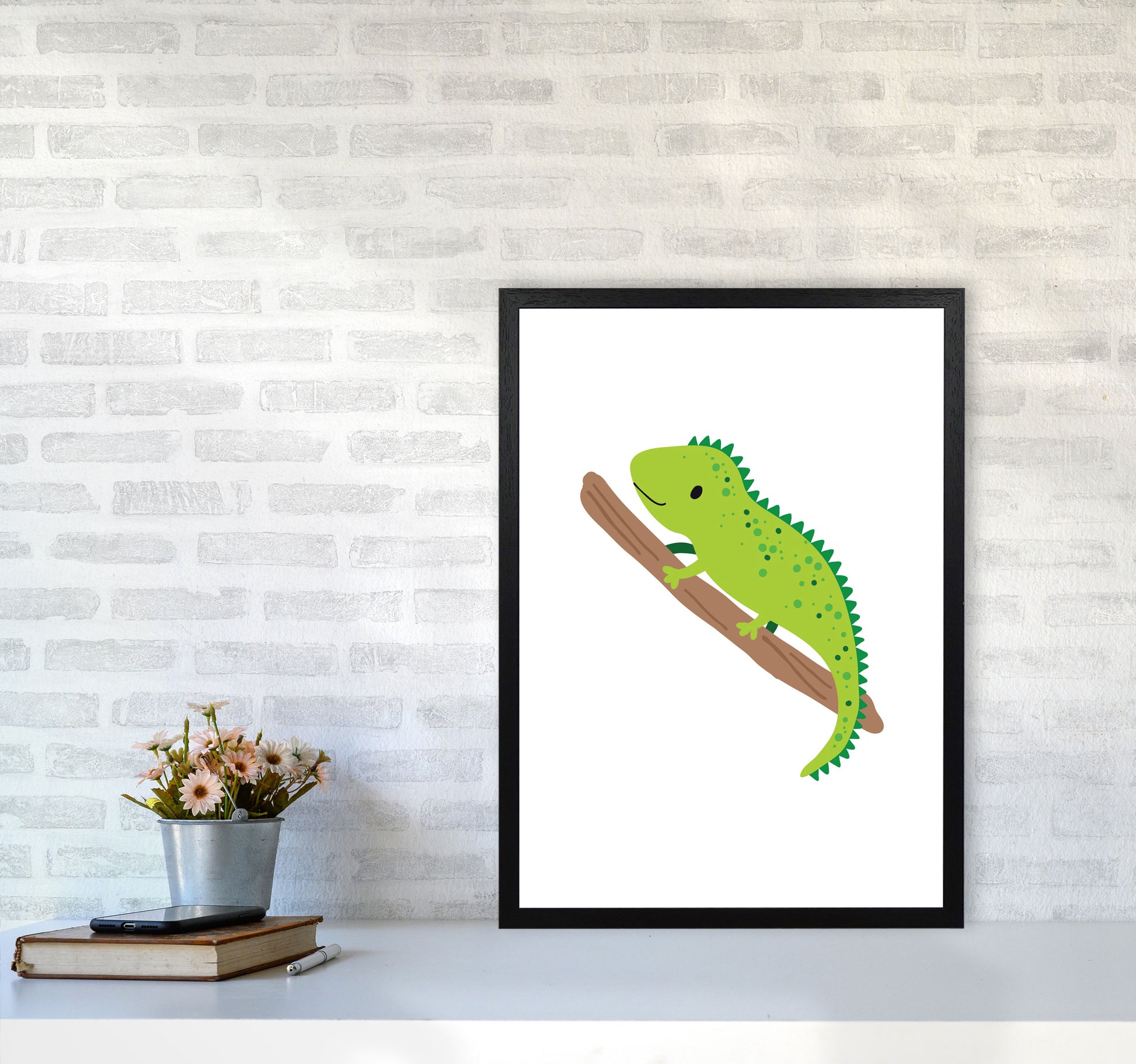 Children&#39;s Animals, Iguana Modern Print A2 White Frame