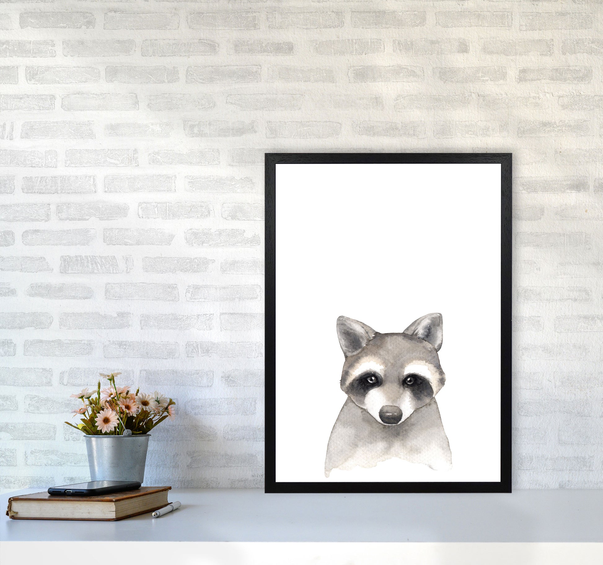 Forest Friends, Cute Raccoon Modern Print Animal Art Print A2 White Frame
