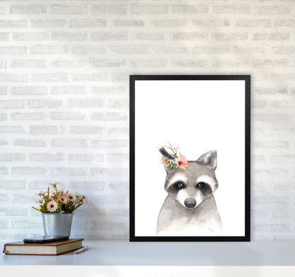 Forest Friends, Floral Cute Raccoon Modern Print Animal Art Print A2 White Frame