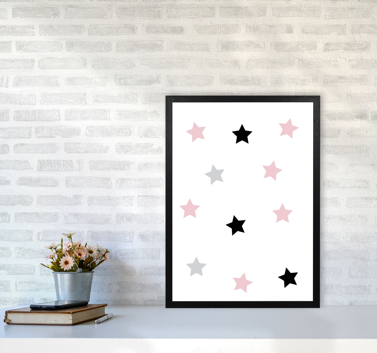Pink Black And Grey Stars Modern Print A2 White Frame