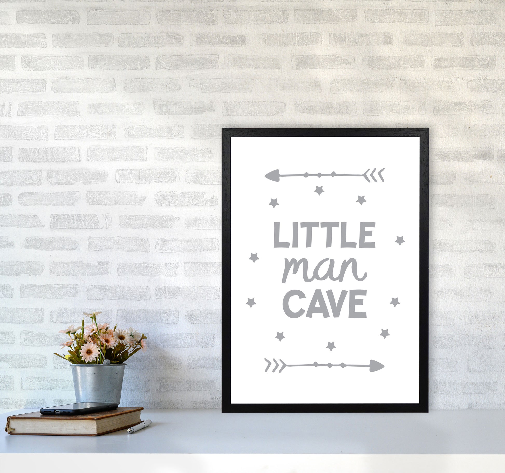Little Man Cave Grey Arrows Framed Nursey Wall Art Print A2 White Frame
