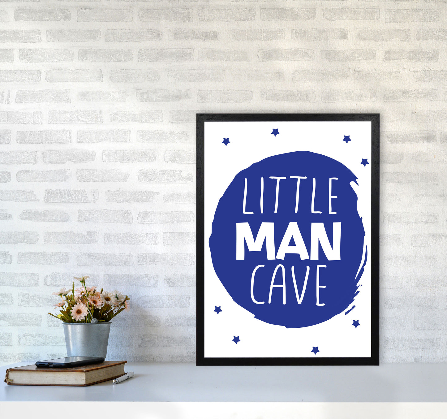Little Man Cave Navy Circle Framed Nursey Wall Art Print A2 White Frame