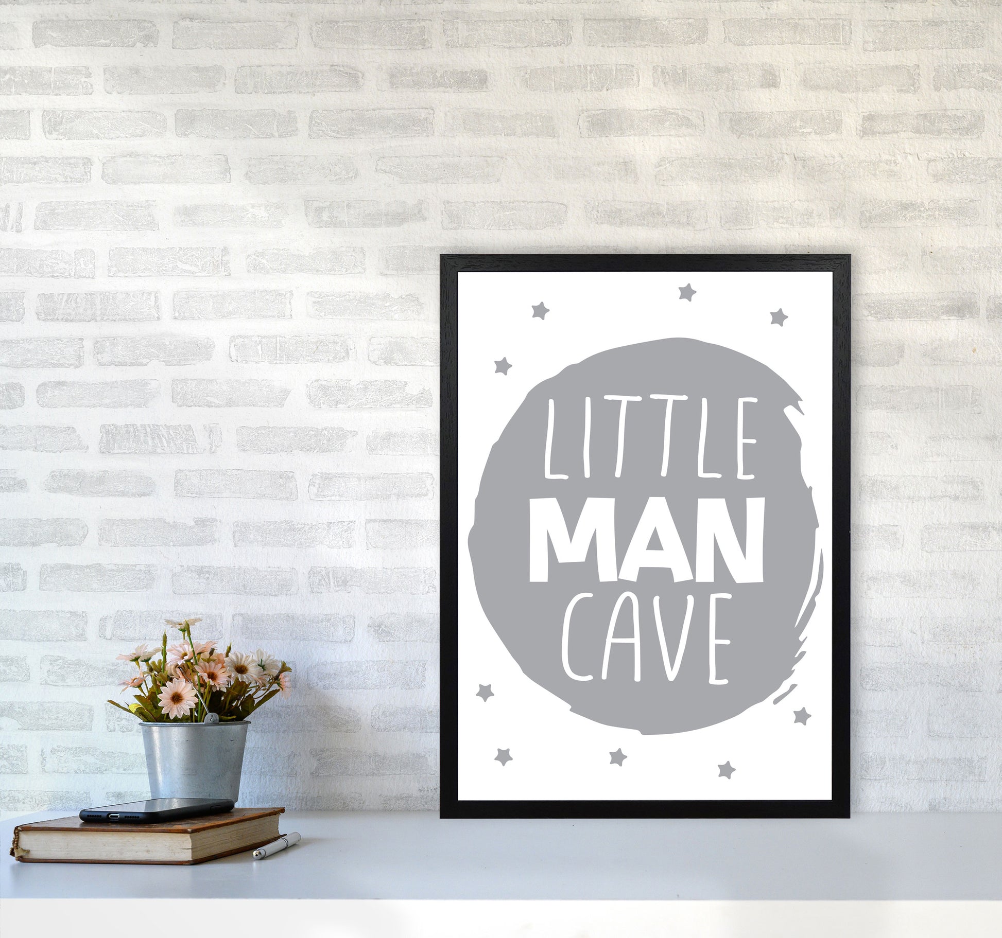 Little Man Cave Grey Circle Framed Nursey Wall Art Print A2 White Frame
