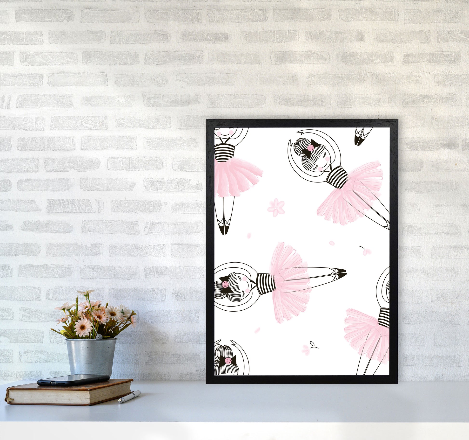 Ballerina Repeat Pattern Framed Nursey Wall Art Print A2 White Frame