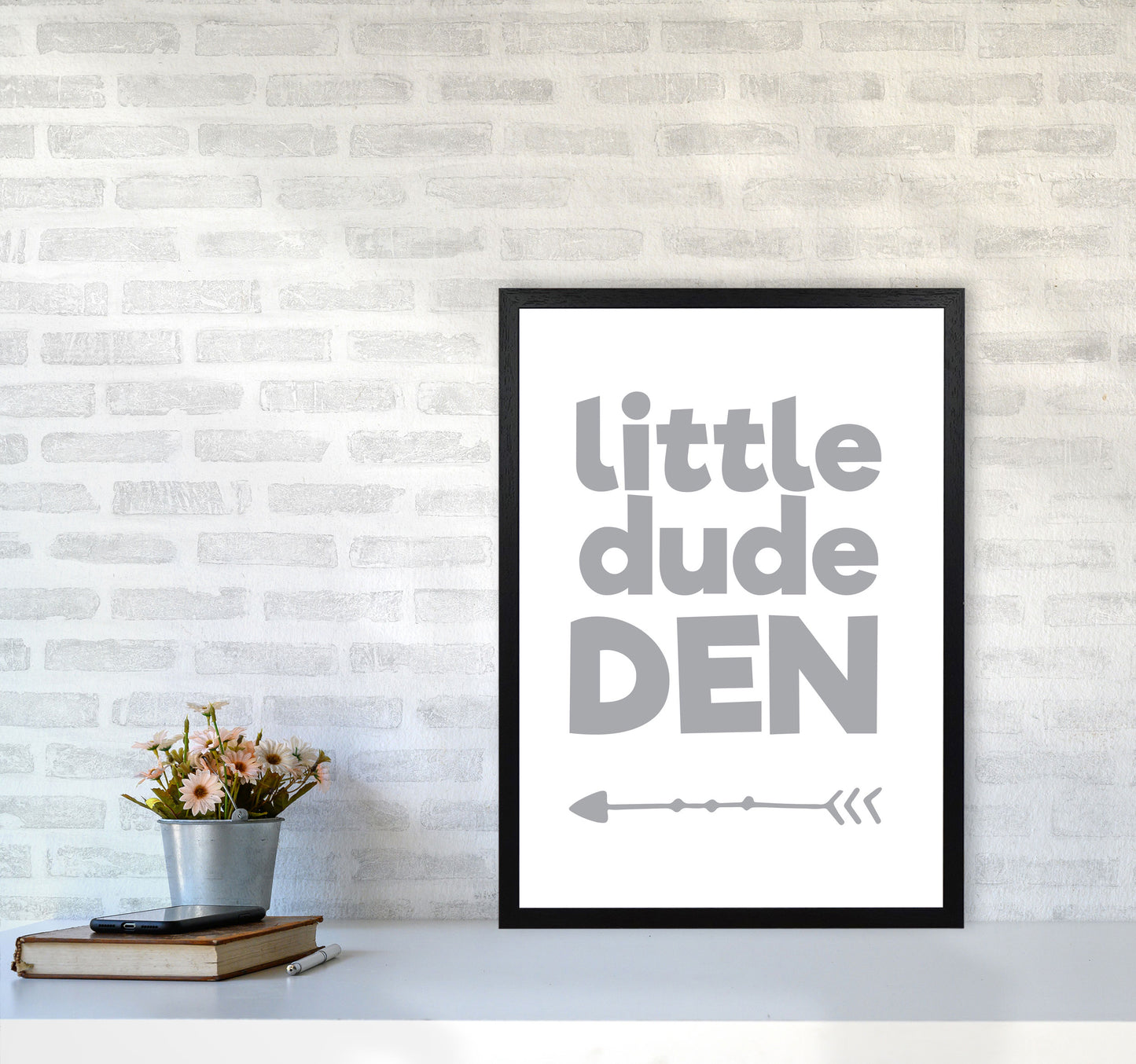 Little Dude Den Grey Framed Nursey Wall Art Print A2 White Frame