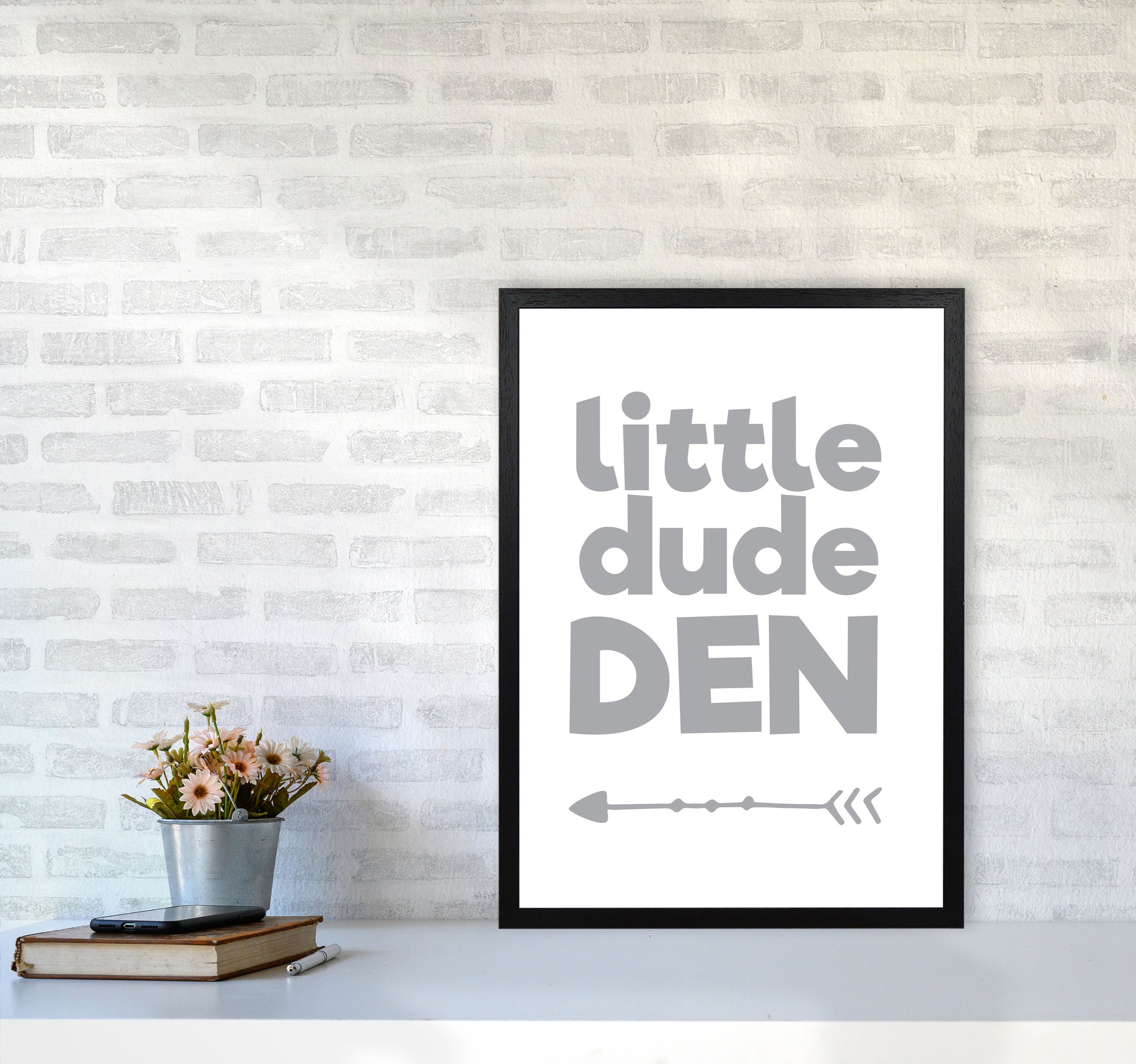 Little Dude Den Grey Framed Nursey Wall Art Print A2 White Frame