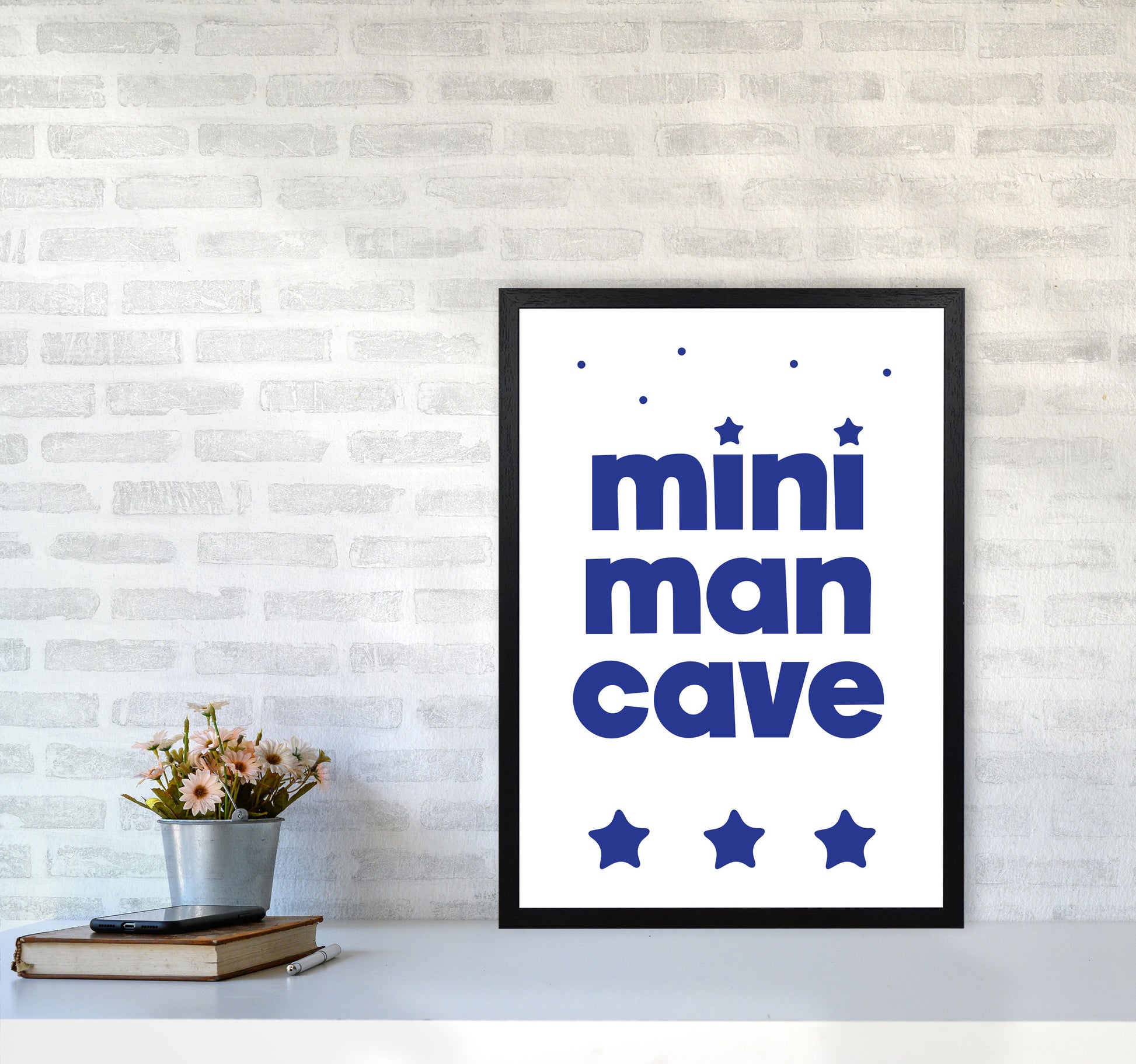 Mini Man Cave Navy Framed Nursey Wall Art Print A2 White Frame