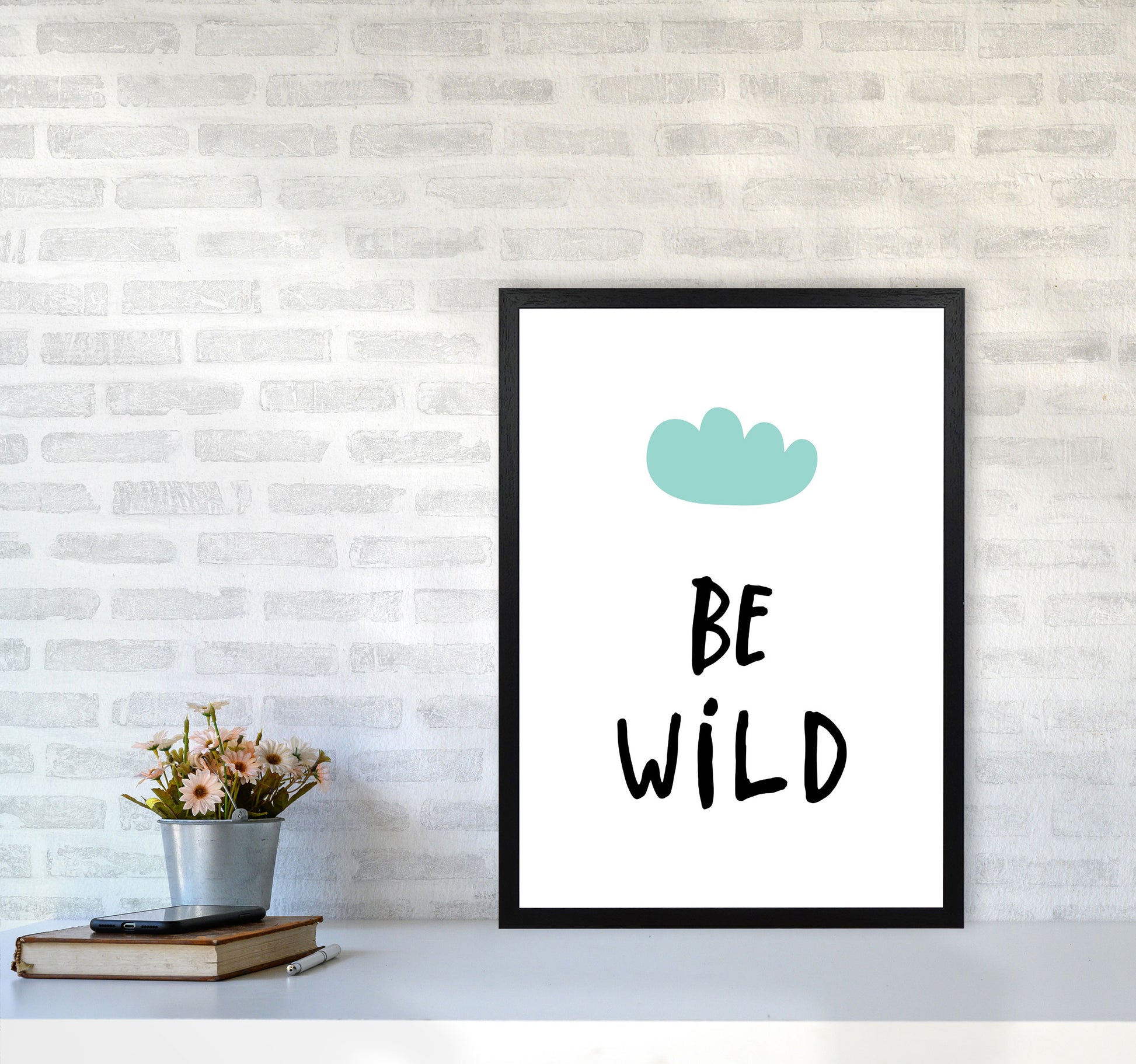 Be Wild Mint Cloud Framed Typography Wall Art Print A2 White Frame
