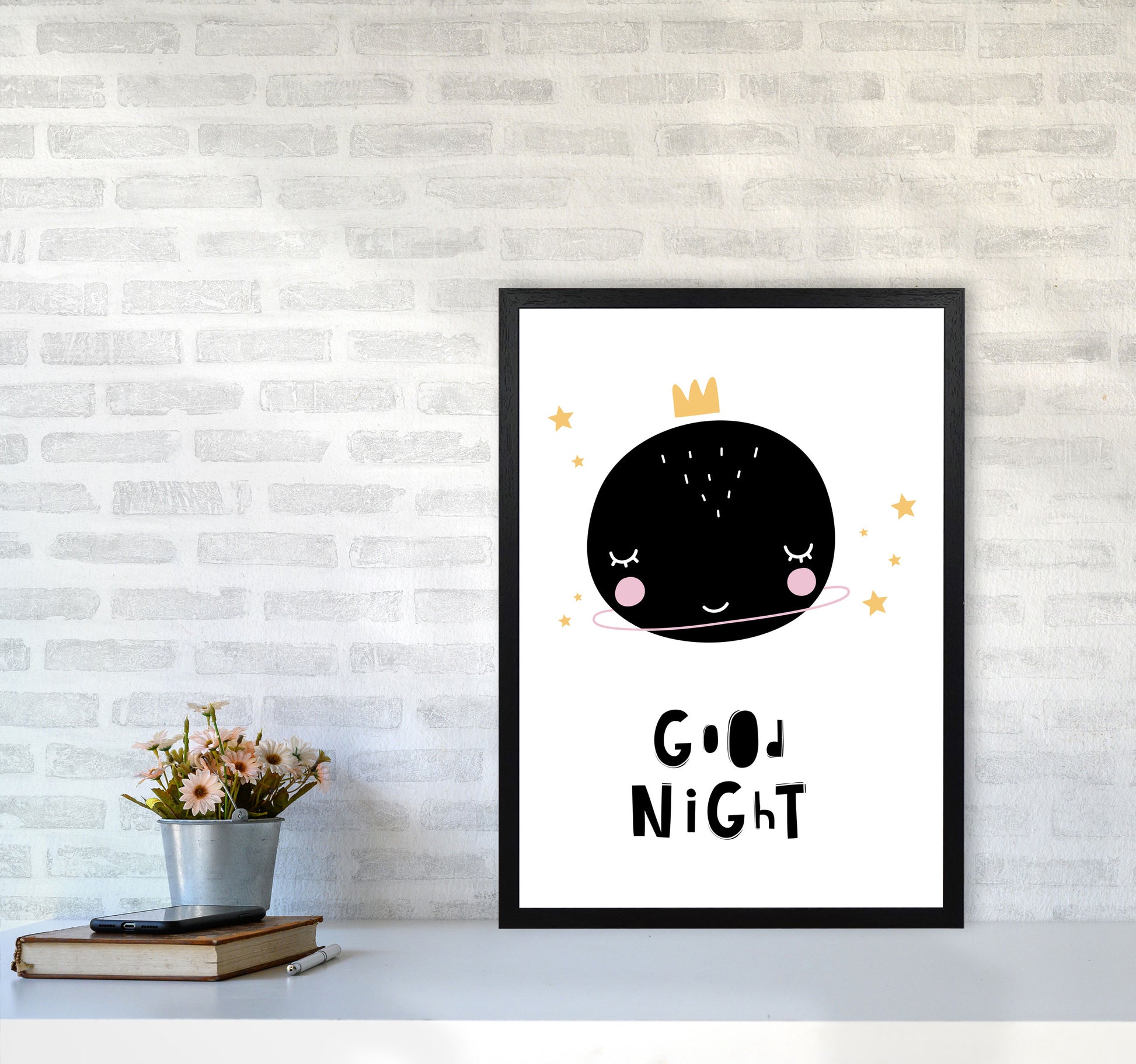Good Night Planet Framed Nursey Wall Art Print A2 White Frame