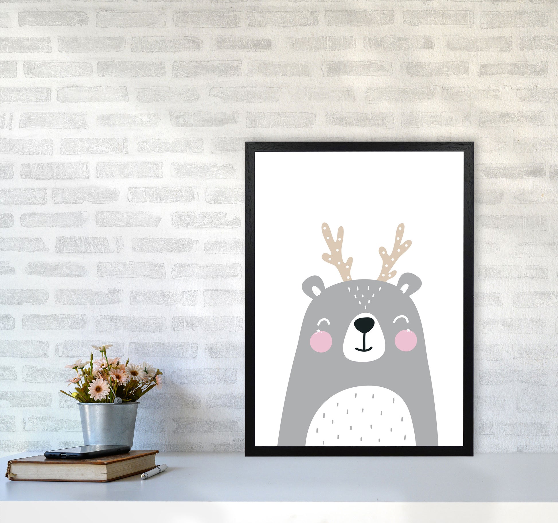 Grey Bear With Antlers Modern Print Animal Art Print A2 White Frame