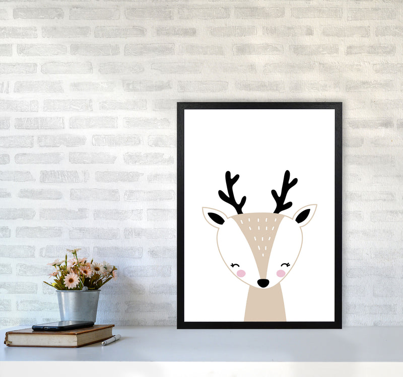 Scandi Beige Deer Framed Nursey Wall Art Print A2 White Frame