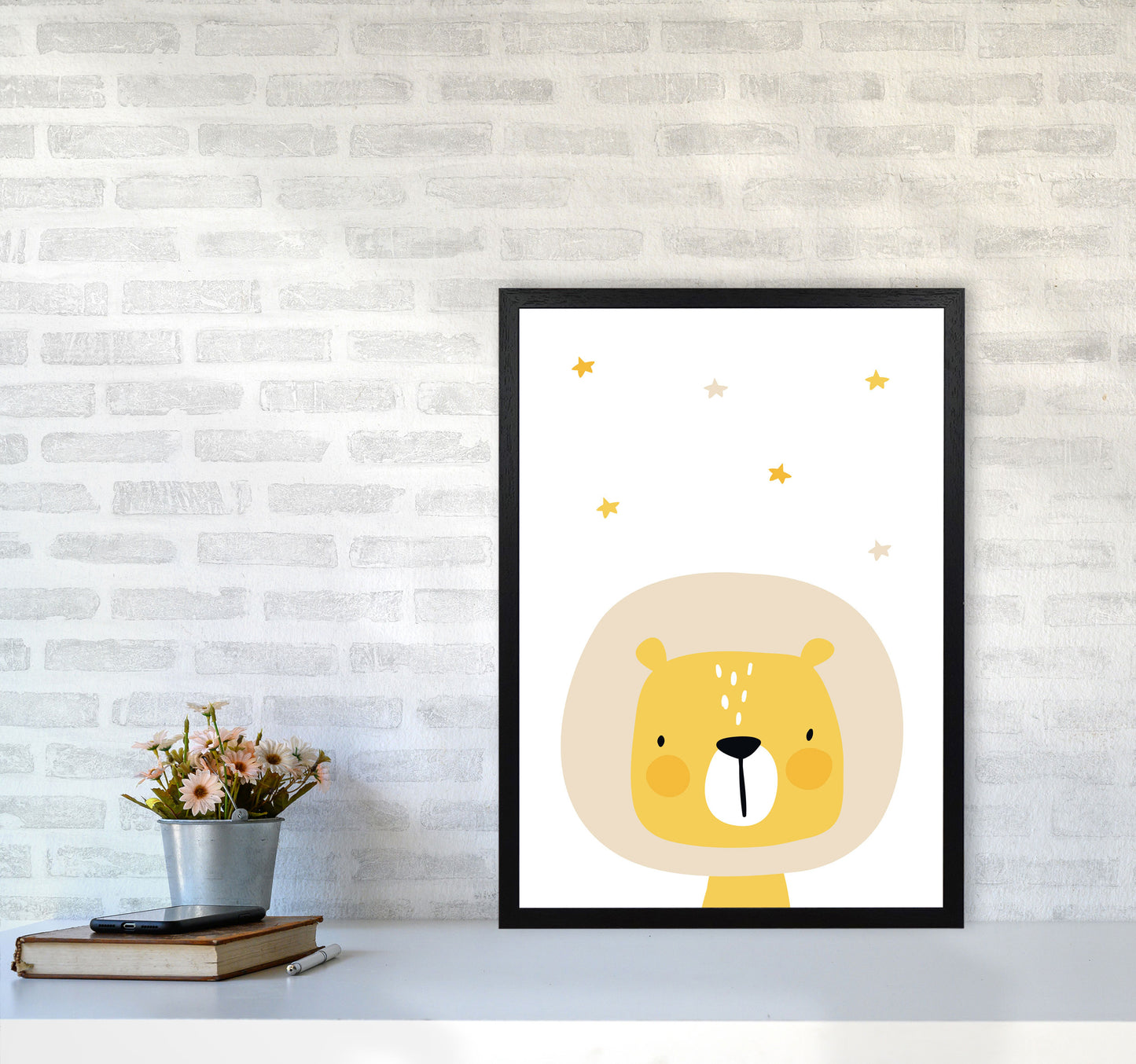 Scandi Lion And Stars Framed Nursey Wall Art Print A2 White Frame