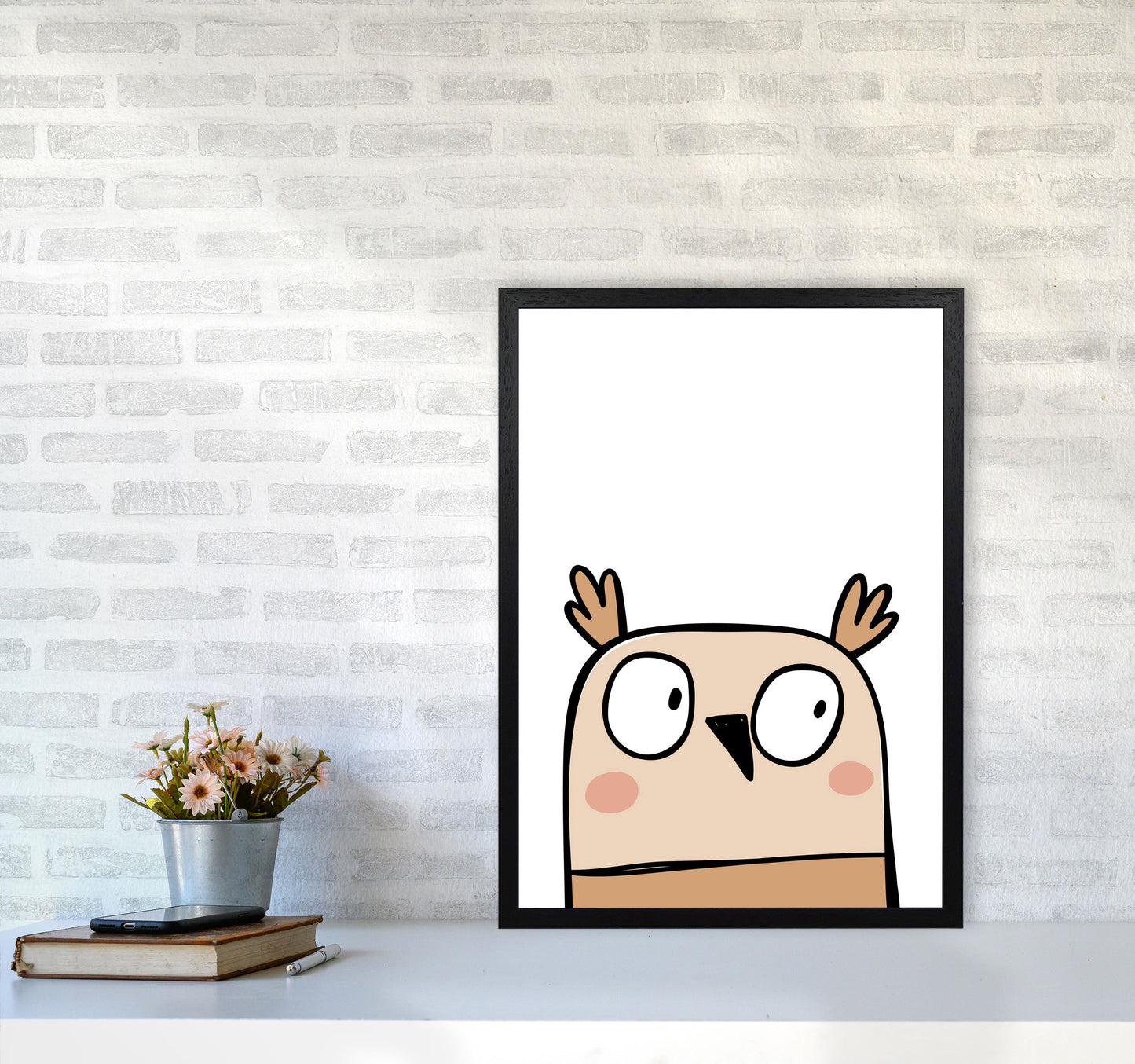 Scandi Owl Framed Nursey Wall Art Print A2 White Frame