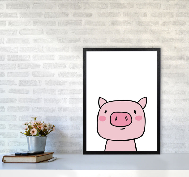 Scandi Pink Pig Framed Nursey Wall Art Print A2 White Frame