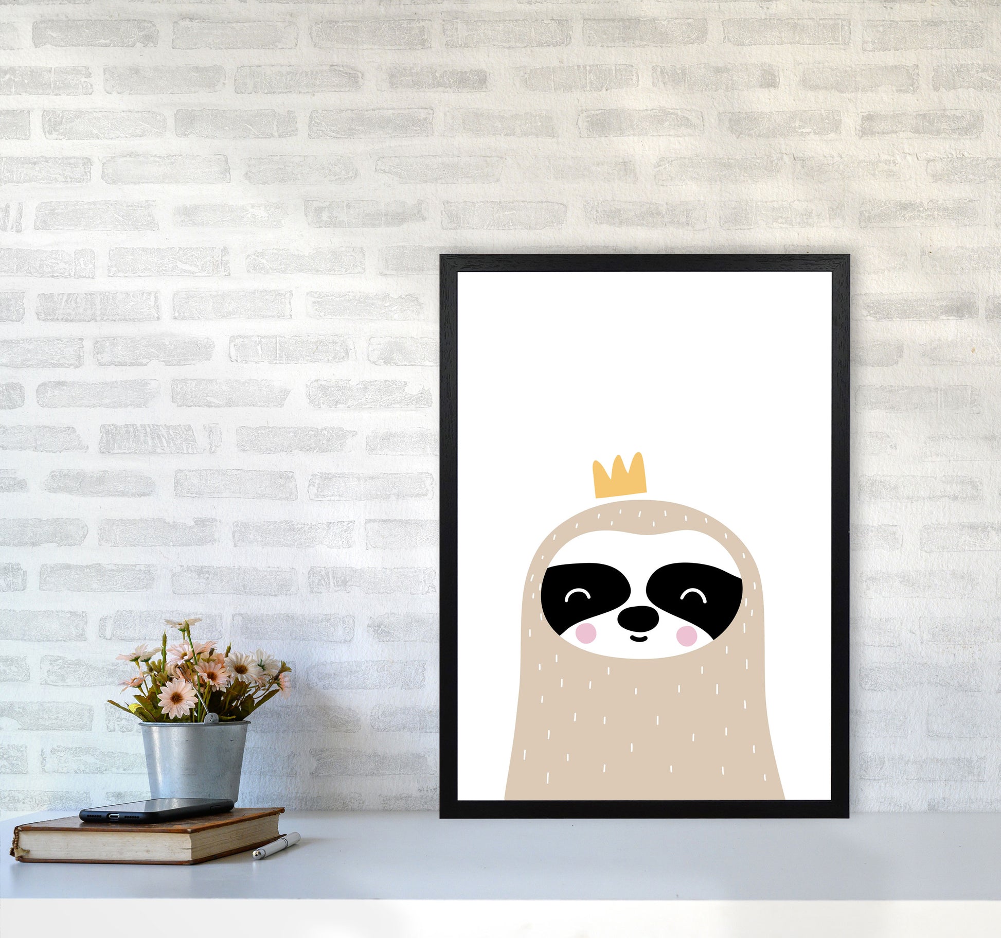 Scandi Sloth With Crown Framed Nursey Wall Art Print A2 White Frame