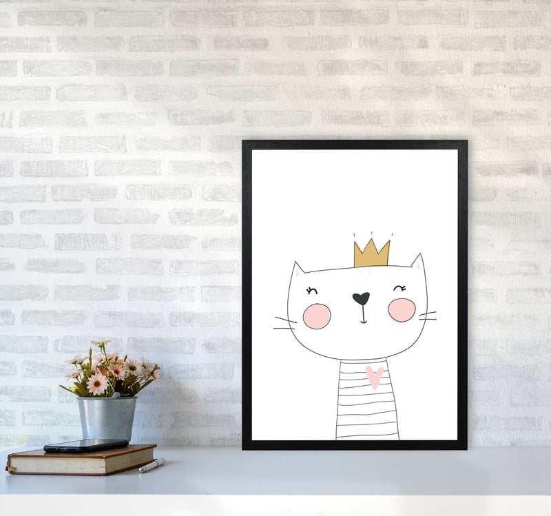 Scandi Cute Cat With Crown Framed Nursey Wall Art Print A2 White Frame